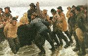 Michael Ancher fiskere ifard med at satte en rorsbad i vandet France oil painting artist